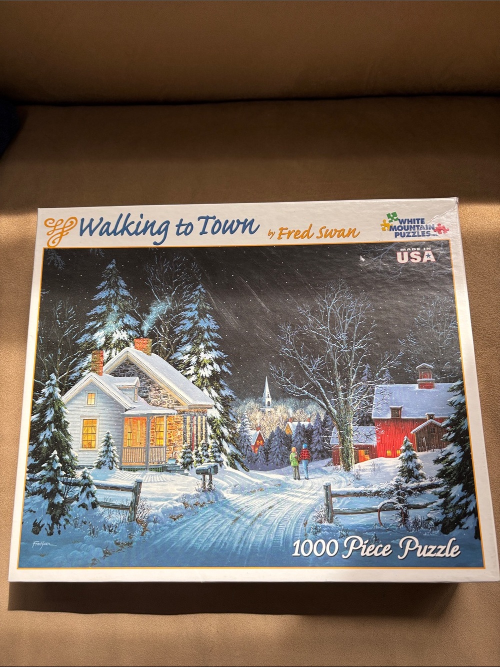 White Mountain 'Walking to Town' Puzzle - Blue, White, Red Winter Village